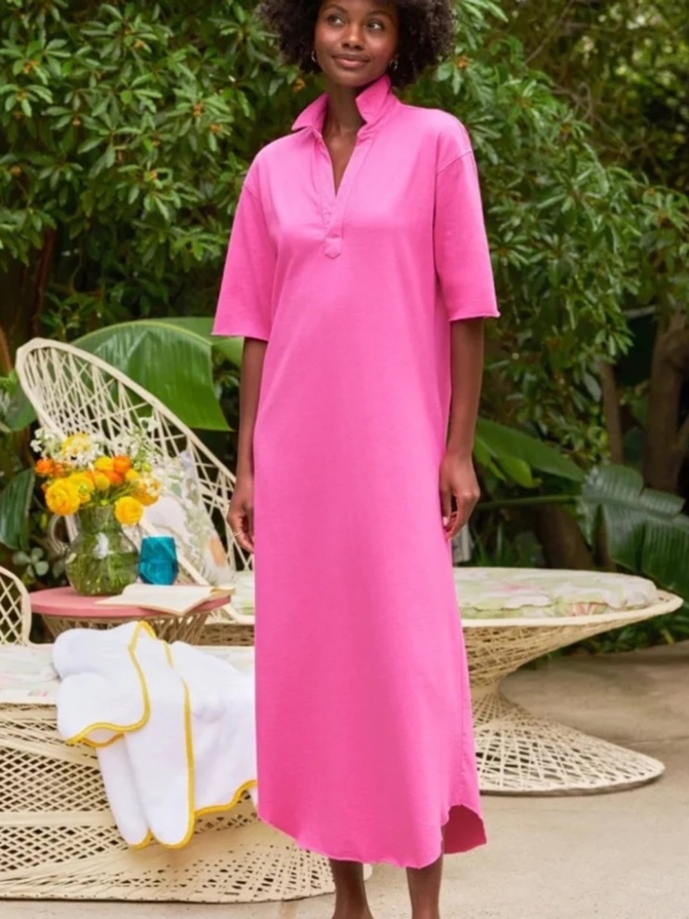 Frank & Eileen Emma Popover Cotton Henley Maxi Dress in Lotus Pink Size Large